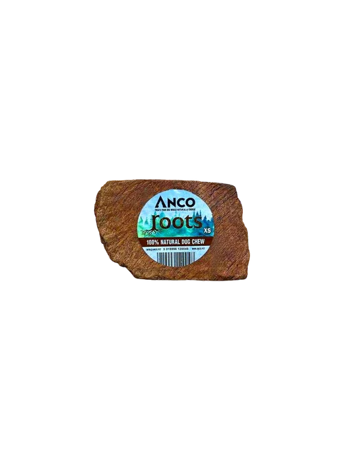 Anco Roots XS 100% natural dog chew with blue and brown label on rectangular brown chew