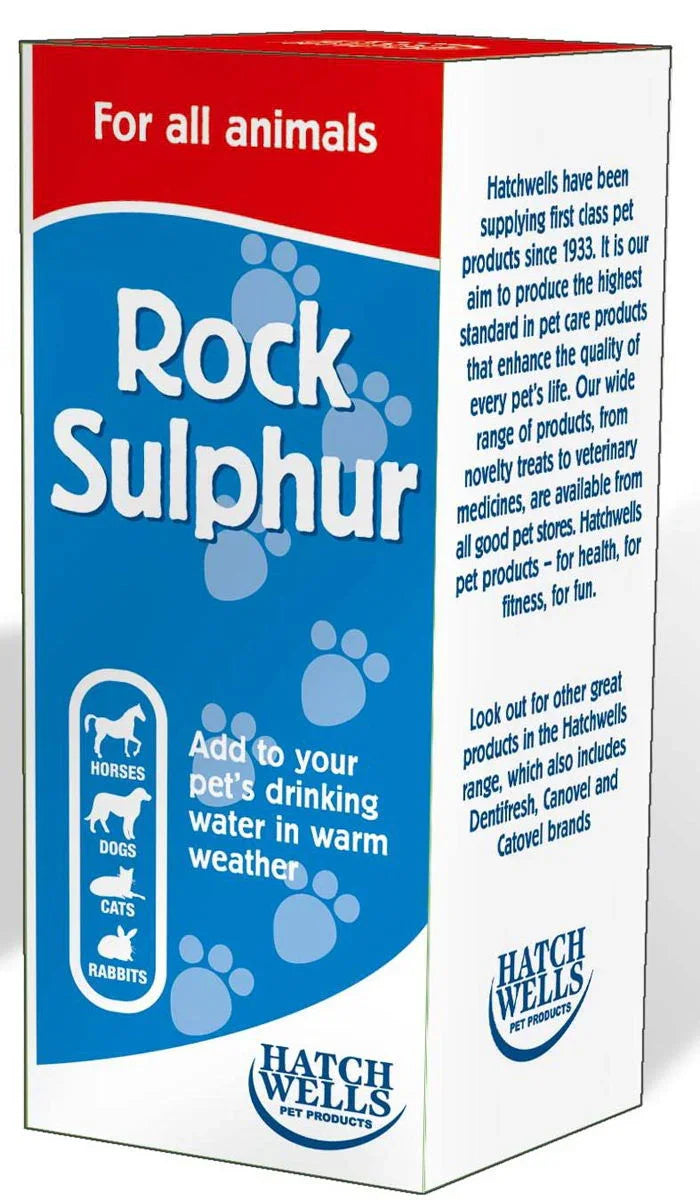 Hatchwells Rock Sulphur pet product for horses, dogs, cats, rabbits, to add to drinking water