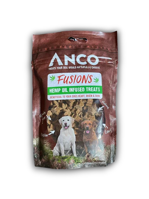 Anco Fusions hemp oil infused dog treats bag with images of two dogs, promoting heart, brain & skin health