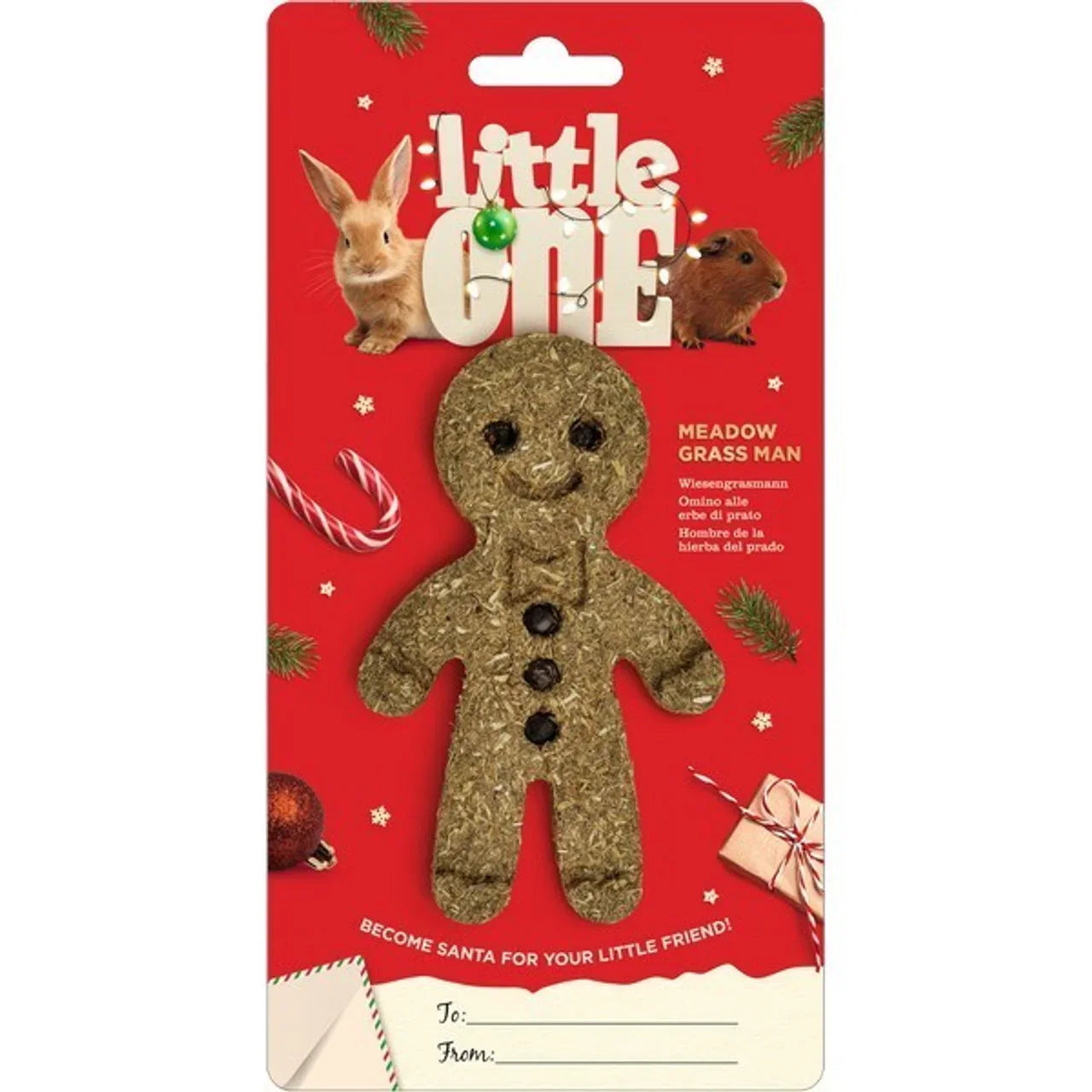 Little One Meadow Grass Man pet treat packaging with rabbit and guinea pig on red holiday background