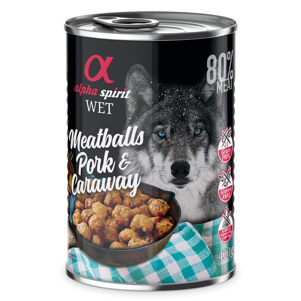Alpha Spirit Pork with Caraway Canned Meatballs for Dogs (6 x 400g) - North East Pet Shop