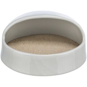 Trixie grey ceramic sand bath shown filled with sand