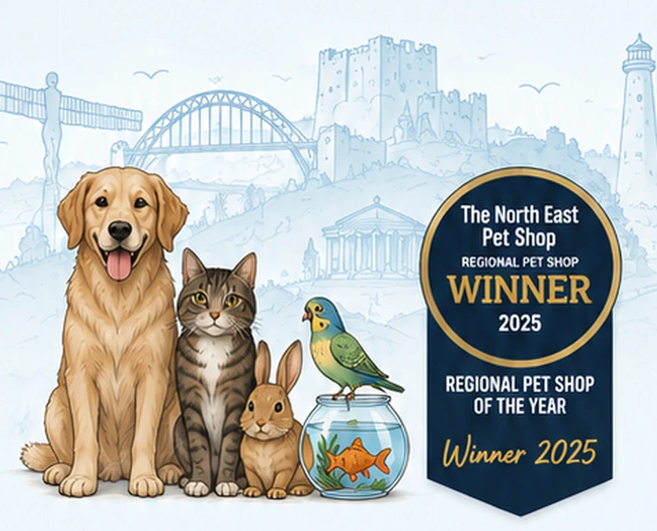 Dog, cat, rabbit, bird and fish alongside the Regional Pet Shop of the Year Winner 2025 award