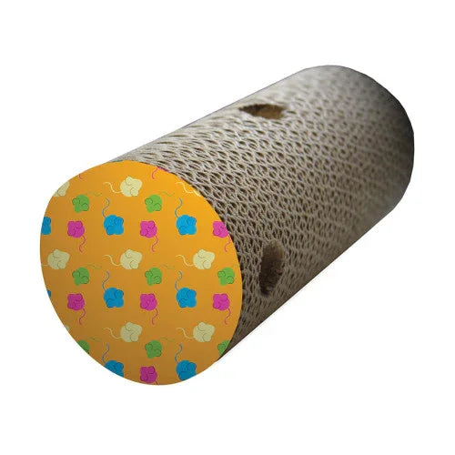 Round cat scratching pad roll with colorful mouse print on one end