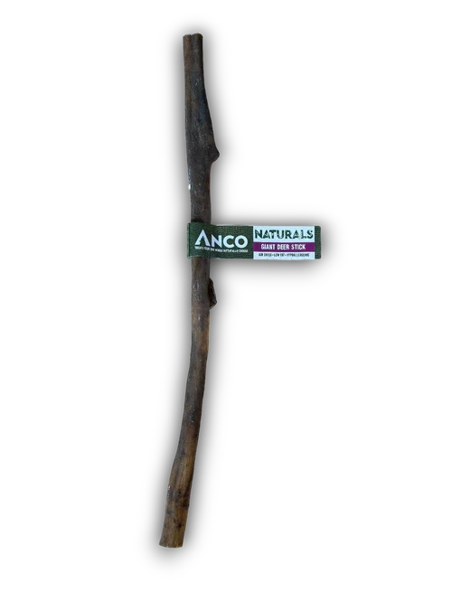 Anco Naturals giant deer stick dog chew treat on black background