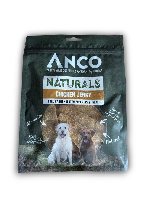 ANCO Naturals chicken jerky dog treats package with images of two dogs, air-dried, gluten free, natural ingredients