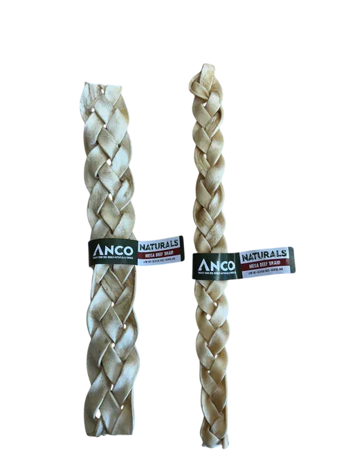 Two Anco Naturals Mega Beef Braid dog chews with braided design and black product labels