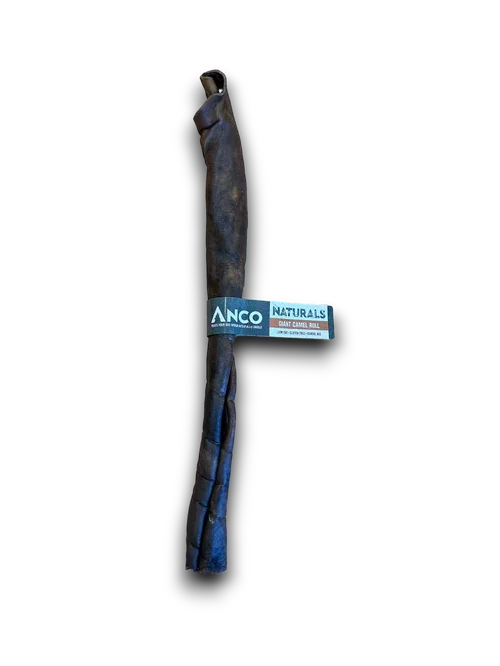 Anco Naturals Giant Camel Roll pet chew against black background