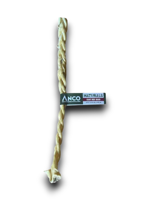 Anco Naturals Giant Beef Braid dog chew treat on black background