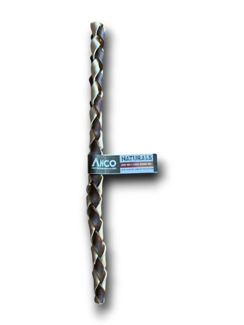 Anco Naturals braided dog chew treat made from dried beef and camel bones, brown and beige twist