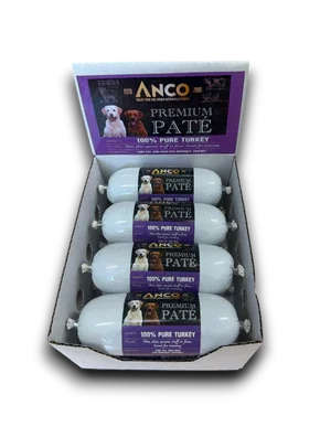 Box of Anco Premium Paté 100% Pure Turkey dog food rolls with dog images on purple labels