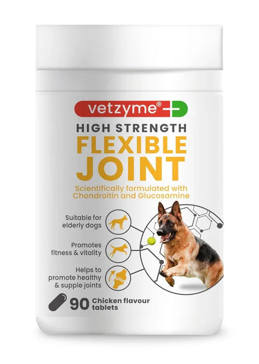 Vetzyme high strength flexible joint supplement for elderly dogs with chondroitin and glucosamine, 90 chicken flavour tablets
