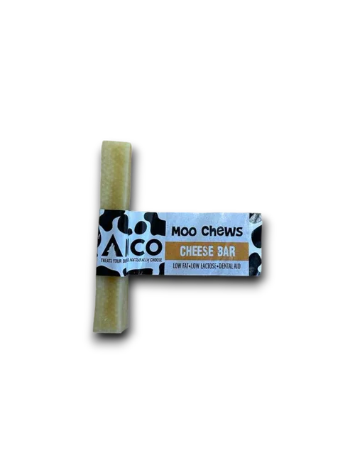 Aico Moo Chews cheese bar dog treat with low fat, low lactose, and dental aid benefits