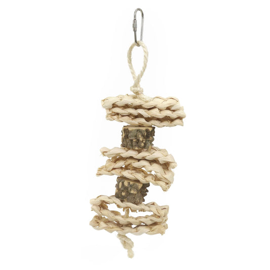 Natural woven bird toy with wooden blocks and metal clip hanger