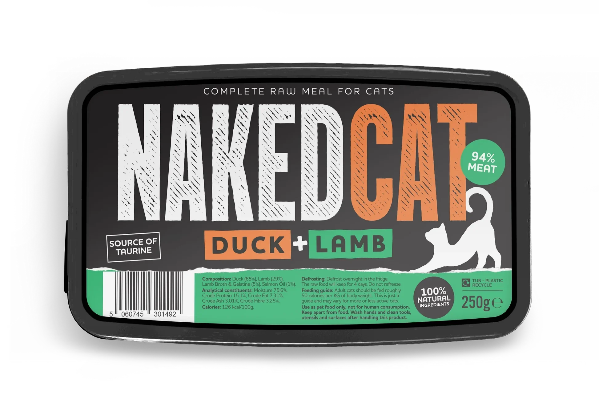 250g Naked Cat Duck and Lamb raw cat food tub with 94% meat and 100% natural ingredients