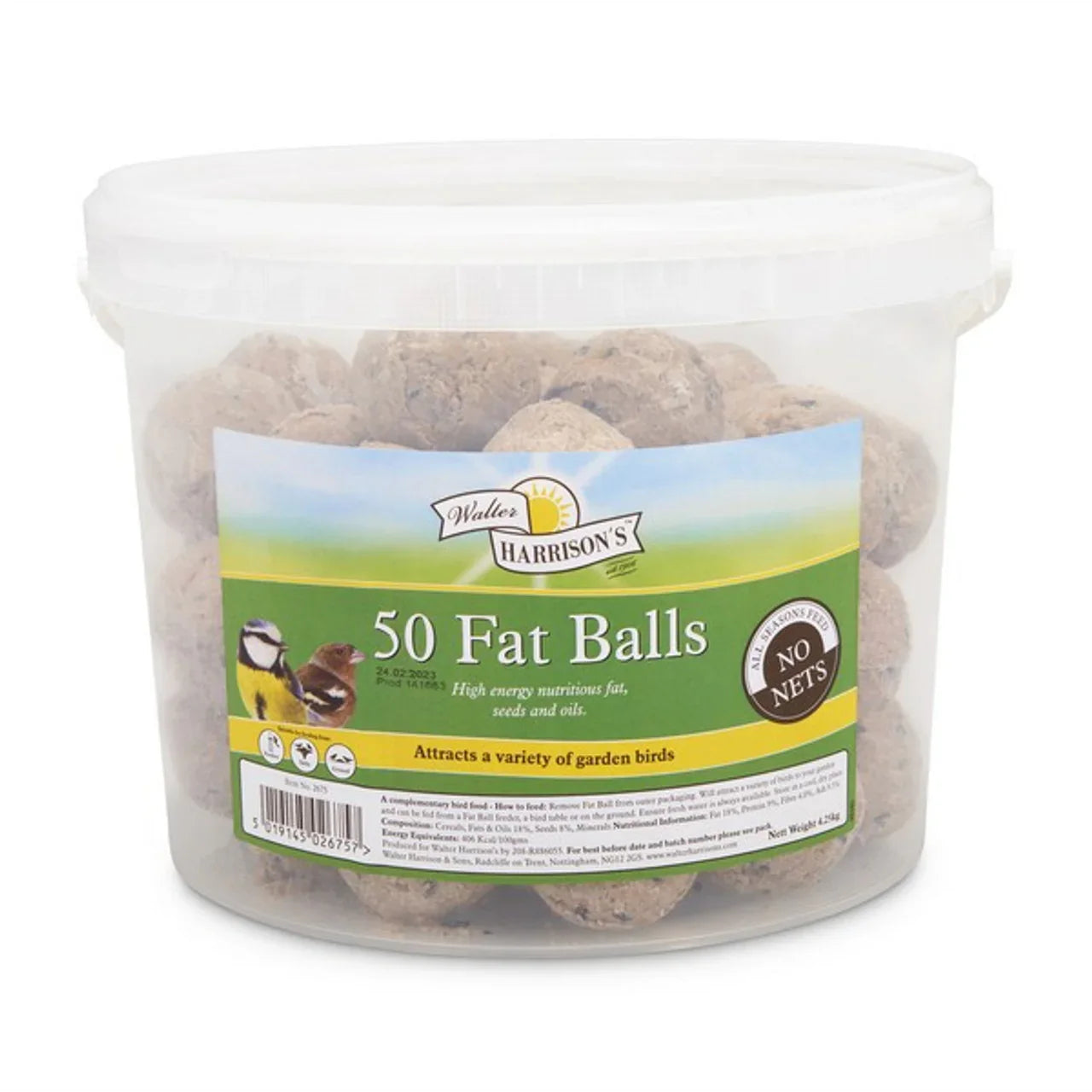 Clear plastic tub of Walter Harrison's 50 Fat Balls bird feed with green label
