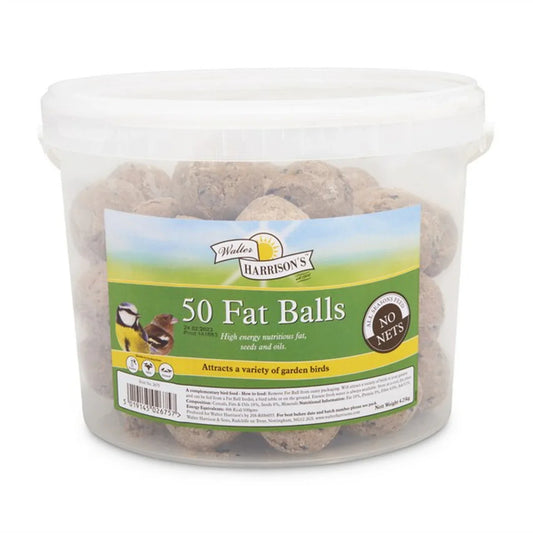 Clear plastic tub of Walter Harrison's 50 Fat Balls bird feed with green label