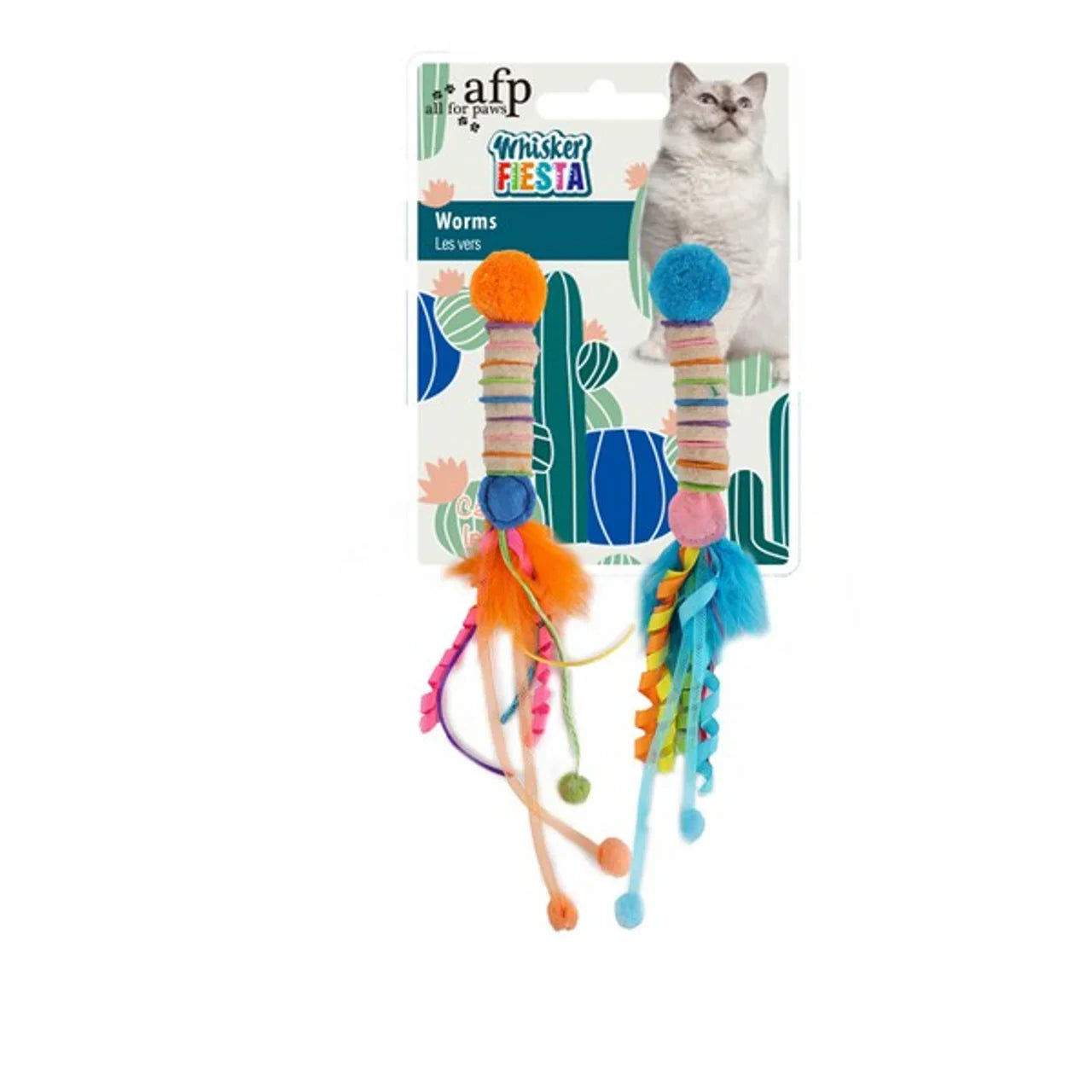 All For Paws Whisker Fiesta colorful cat worm toys with pom poms and feathers on packaging
