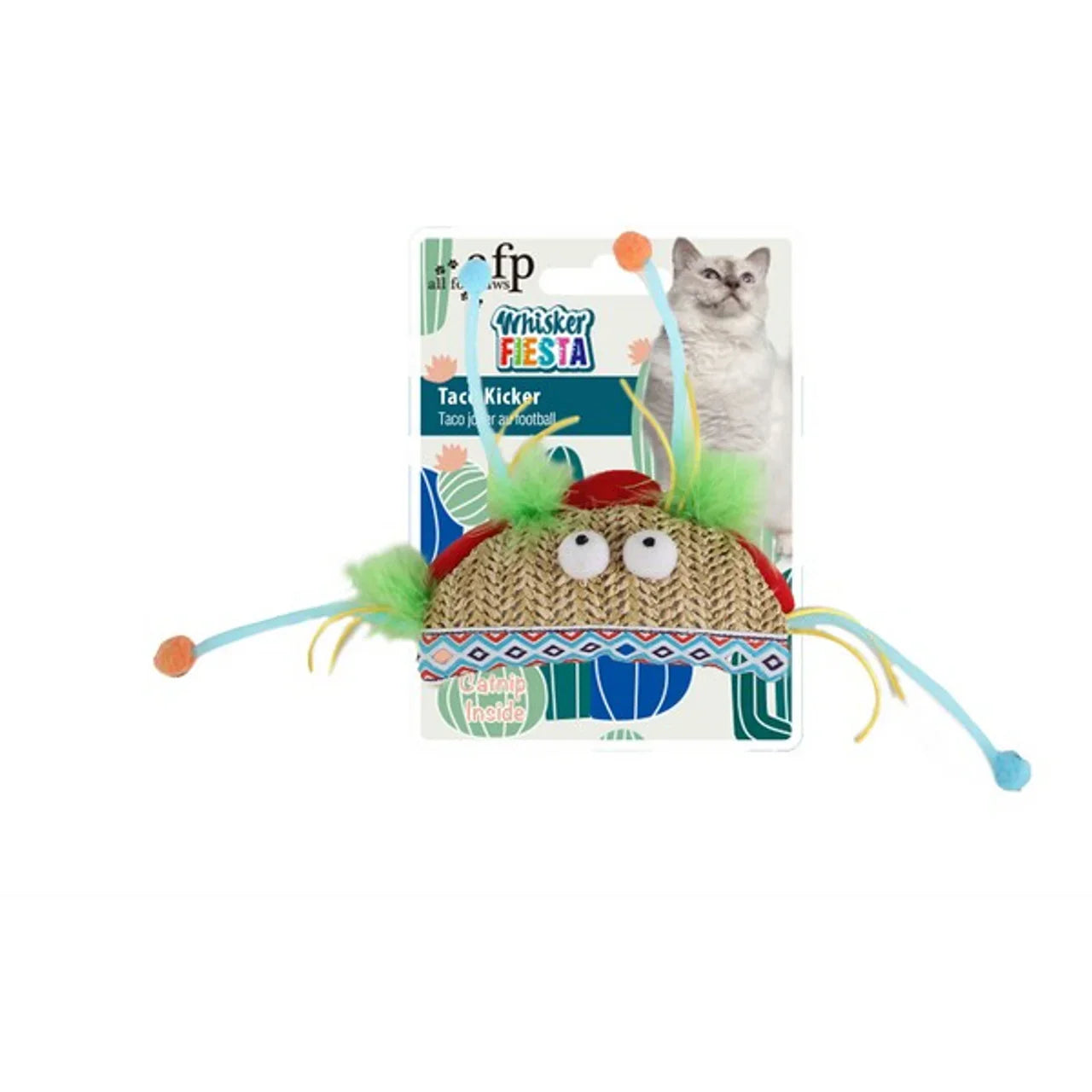 Whisker Fiesta cat toy Taco Kicker with colorful feathers, catnip, and playful eyes on packaging