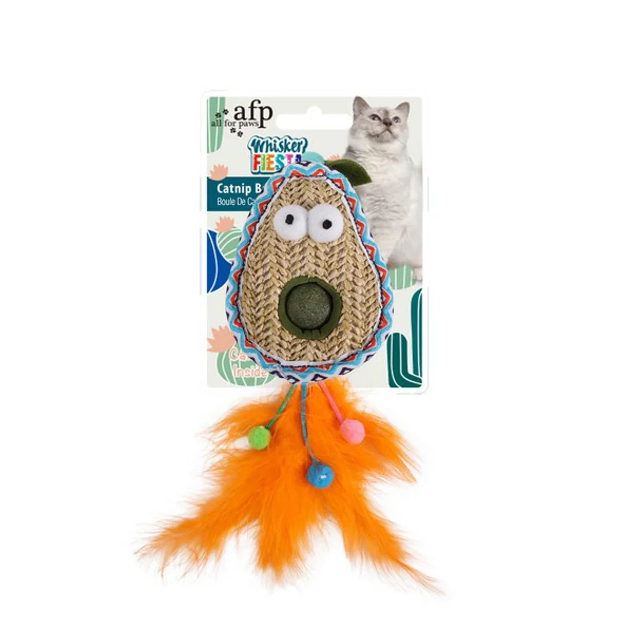 All For Paws Whisker Fiesta catnip toy shaped like an avocado with orange feathers and colorful balls