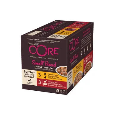 Wellness CORE Small Breed Savoury Medleys dog food multipack with roasted chicken, duck, peas, and carrots flavor