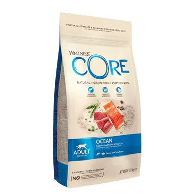 Wellness CORE Adult Ocean grain-free protein-rich cat food bag with salmon and pea ingredients