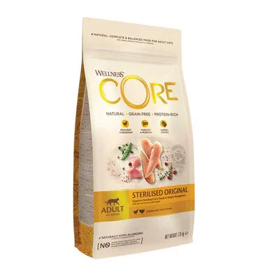 Bag of Wellness CORE grain-free protein-rich cat food for adult sterilised cats with chicken and turkey