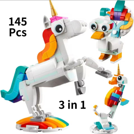 3-in-1 building block set featuring unicorn, duck, and seal models with 145 colorful pieces