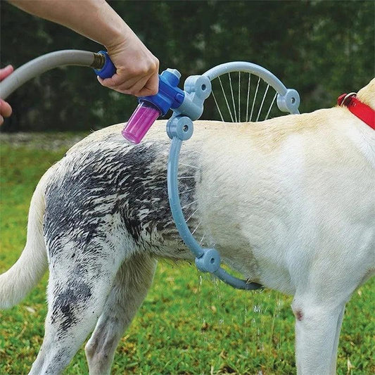 Portable 360-degree pet cleaner washing muddy dog outdoors with adjustable hose nozzle