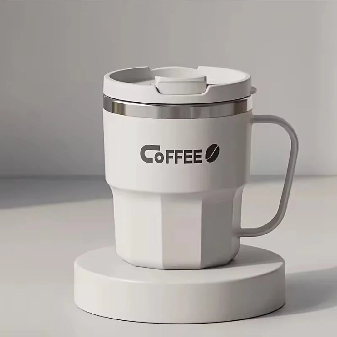 White 400ml stainless steel coffee mug with handle and lid, featuring coffee text and bean icon