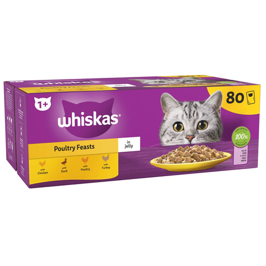 WHISKAS 1+ Cat Pouches Poultry Selection in Jelly 80x85g