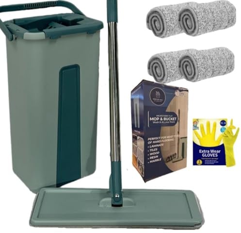 SWISSPACK Flat Mop & Bucket Bundle – Green, Gloves & 4 Pads