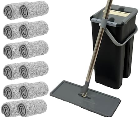 SWISSPACK Flat Mop & Bucket Set – Black, 12 Pads