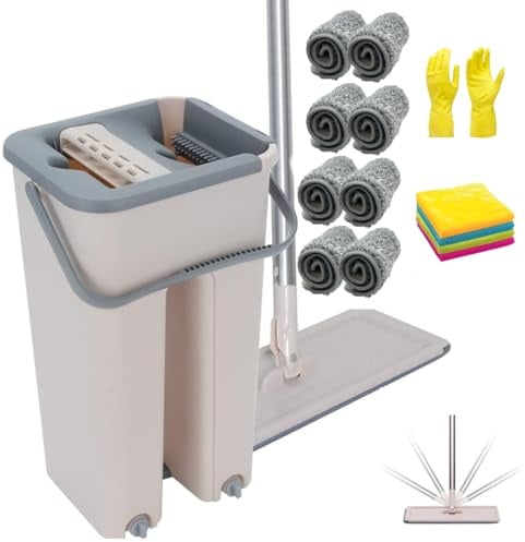 SWISSPACK Flat Mop & Bucket Set – Beige 8 Pad Bundle