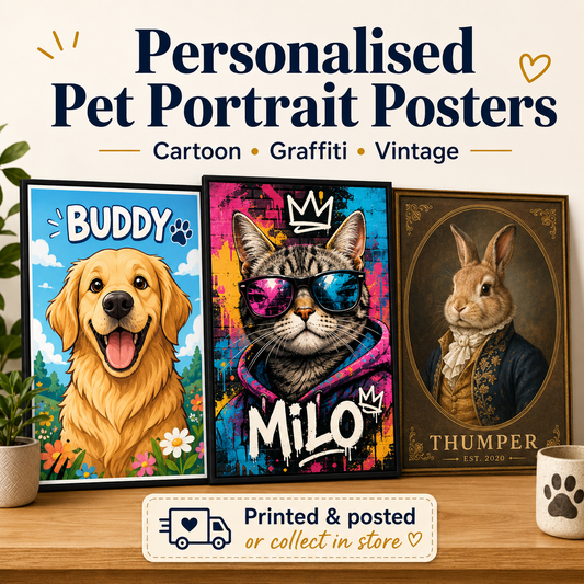 Personalised Pet Portrait Poster – Cartoon, Graffiti or Vintage - Cartoon / A4 (12 × 8 inch large print)