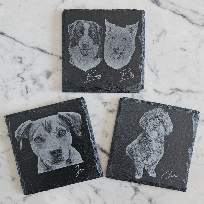 Custom Pet Portrait Slate Coaster | Personalised Laser Engraved Gift with Pet's Name - 2 x Coasters