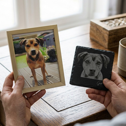 Custom Pet Portrait Slate Coaster | Personalised Laser Engraved Gift with Pet's Name