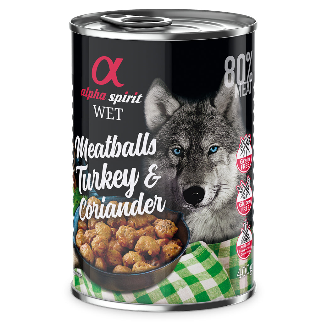 Alpha Spirit Turkey with Coriander Canned Meatballs for Dogs (6 x 400g) - North East Pet Shop
