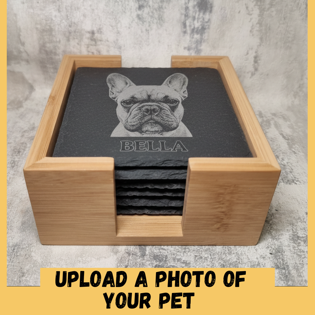 Personalised Pet Photo Slate Coasters with Wooden Holder – Custom Gift UK