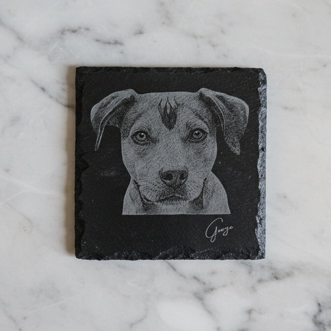 Custom Pet Portrait Slate Coaster | Personalised Laser Engraved Gift with Pet's Name