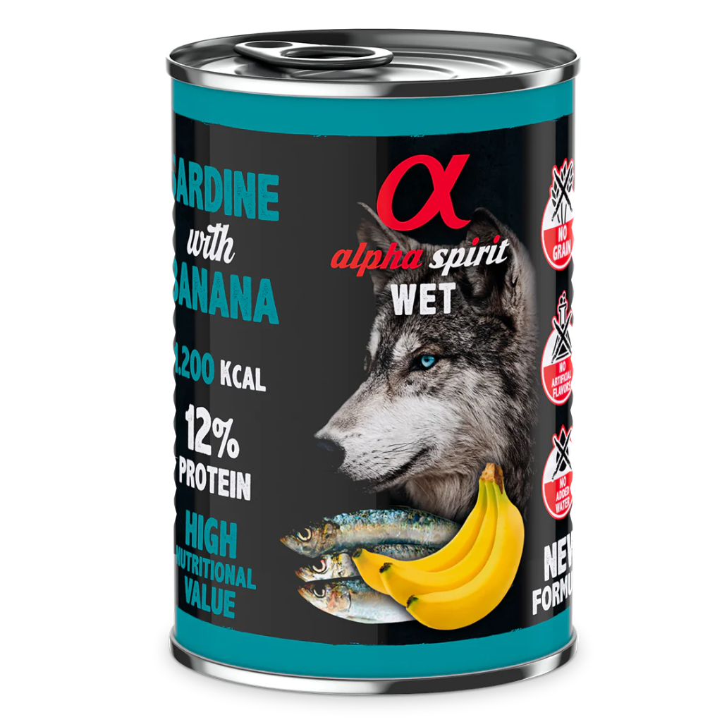 Alpha Spirit Sardine with Banana Complete Wet Canned Dog Food (6 x 400g) - North East Pet Shop