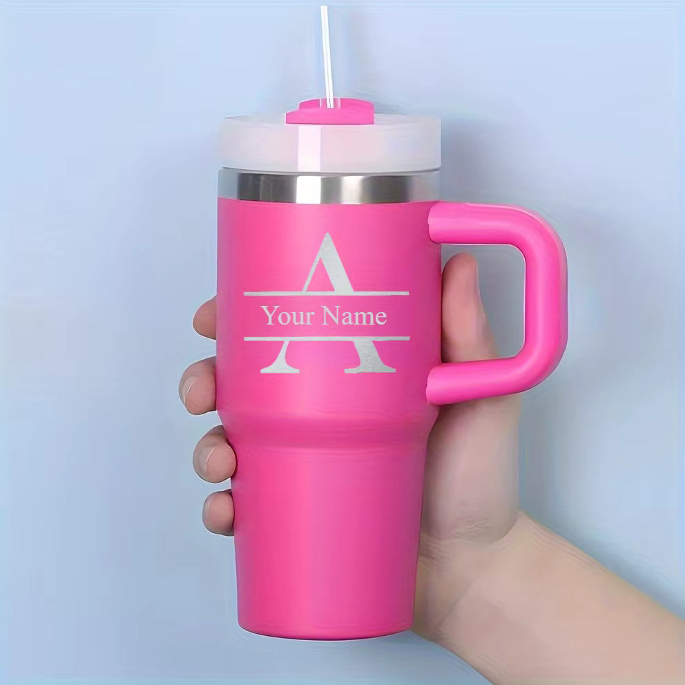 Personalised Pet Parent Travel Tumbler with Straw – 400ml Stainless Steel Cup - Light Pink / Initial & Name