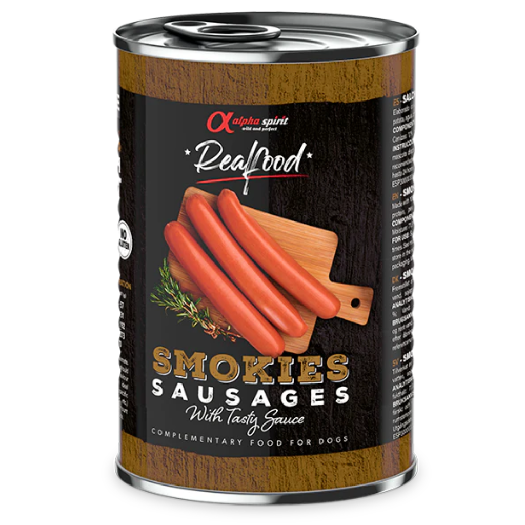Alpha Spirit Realfood Smokies Complementary Smoked Sausages for Dogs (400g) - North East Pet Shop