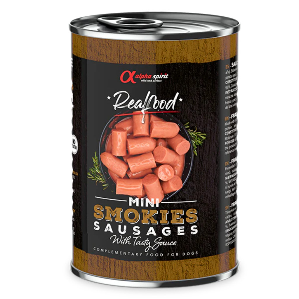 Alpha Spirit Realfood Smokies Mini Complementary Smoked Sausages for Dogs (400g) - North East Pet Shop