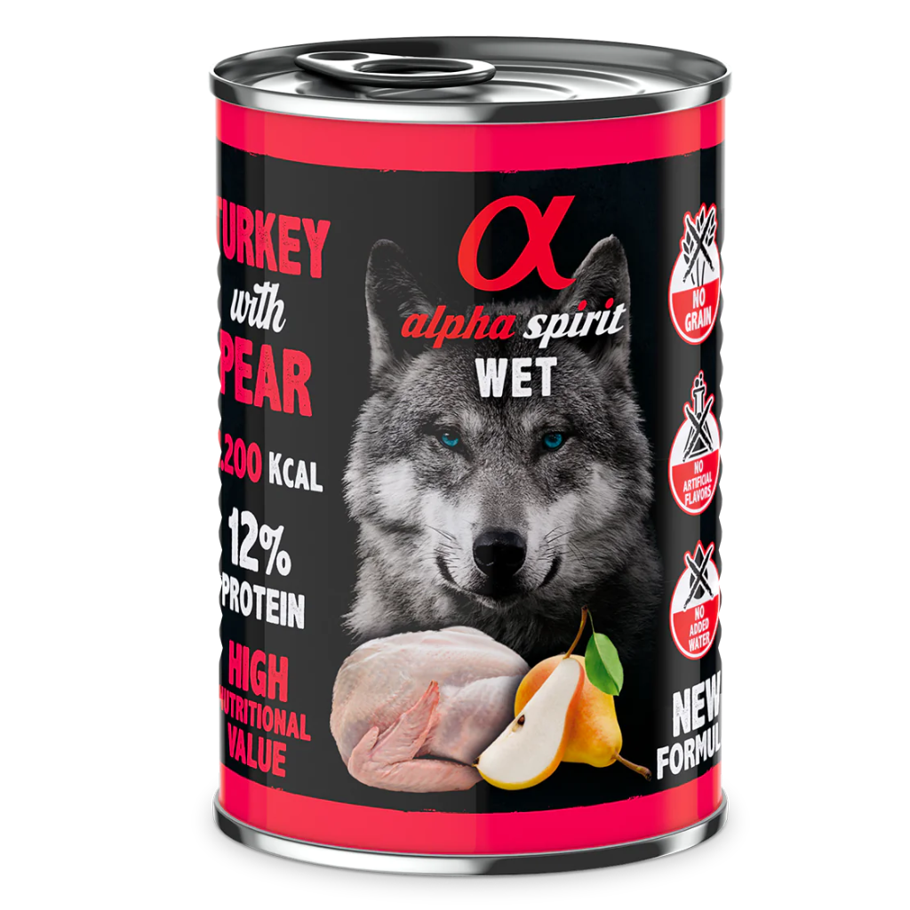 Alpha Spirit Turkey with Pear Complete Wet Canned Dog Food (6 x 400g) - North East Pet Shop
