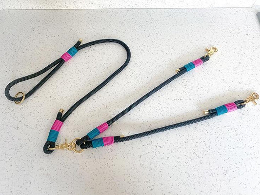 Double Rope Lead - Handmade Paracord Dog Lead - Black / Yes / 4ft Double Lead
