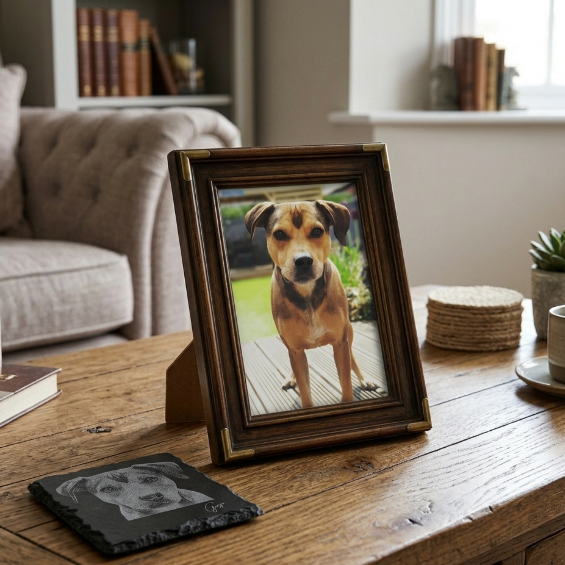 Custom Pet Portrait Slate Coaster | Personalised Laser Engraved Gift with Pet's Name - 3 x Coasters