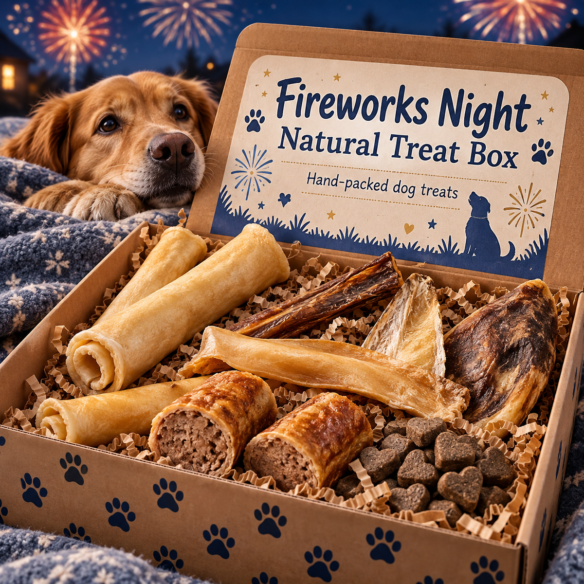 Fireworks Night Natural Dog Treat Box with selected natural chews and calming-themed treats. Illustrative photo; contents may vary.