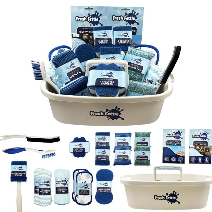 Fresh Fettle 26-piece cleaning caddy kit with cleaning cloths, sponges, pads and brushes