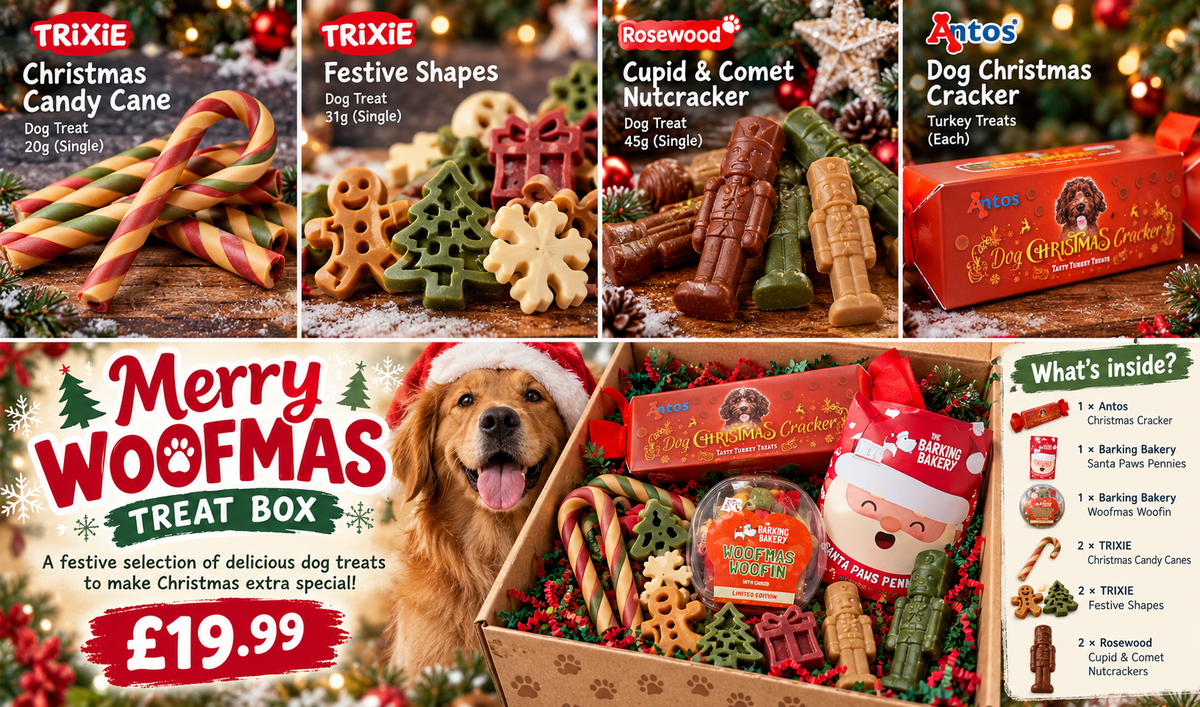 Illustrative contents guide for the Merry Woofmas dog treat box